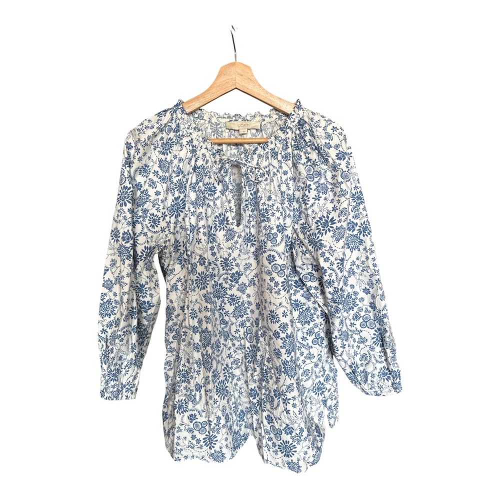 LOFT Floral Print Peasant Blouse in Blue and White